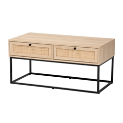 Baxton Studio Amelia Mid-Century Modern Transitional Natural Brown Finished Wood and Natural Rattan 2-Drawer Coffee Table